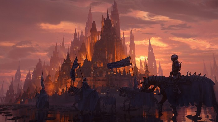 digital art, horse, Oliver Beck, Knights, flag, fantasy art, medieval, castle