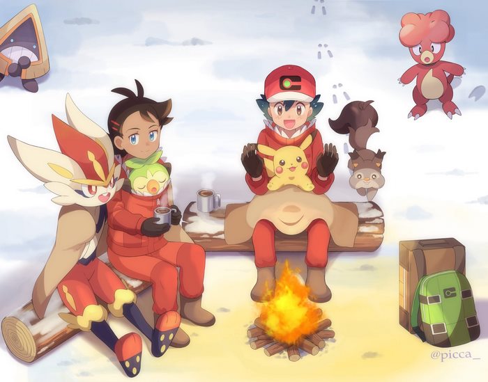 Ash, Goh, and Pokémon enjoying a snowy campfire