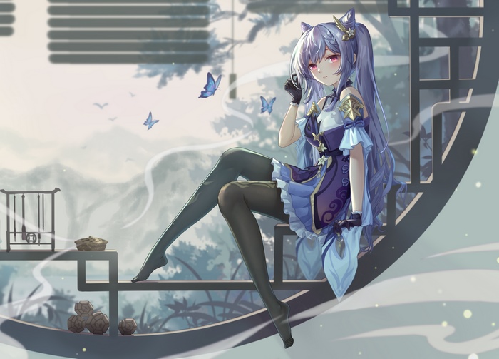 Keqing from Genshin Impact with butterflies