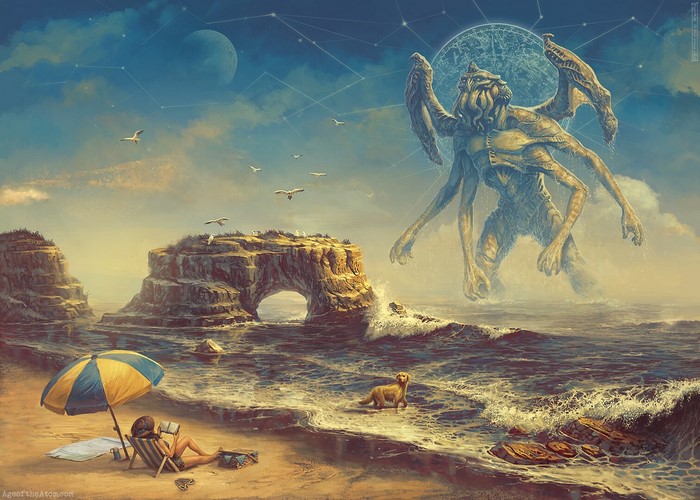 josh guglielmo, dog, Cthulu, H. P. Lovecraft, beach, reading, books