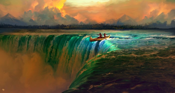 waterfall, Native Americans, Dominik Mayer, Canoe