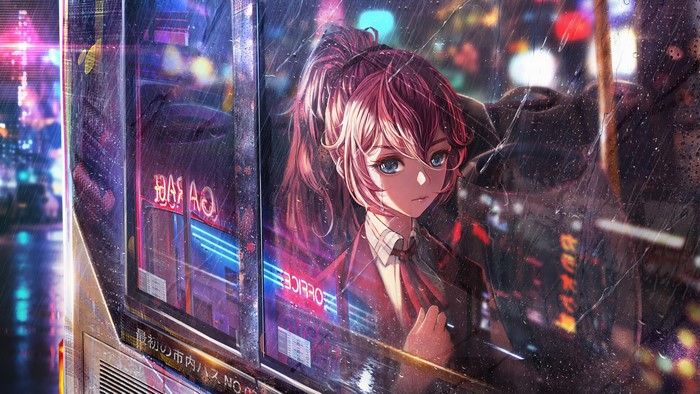 4K, city lights, Jesson .W (artist), redhead, anime girls, ponytail