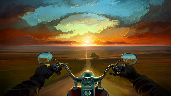orange and teal, sunset, road, motorcycle, Artem Chebokha