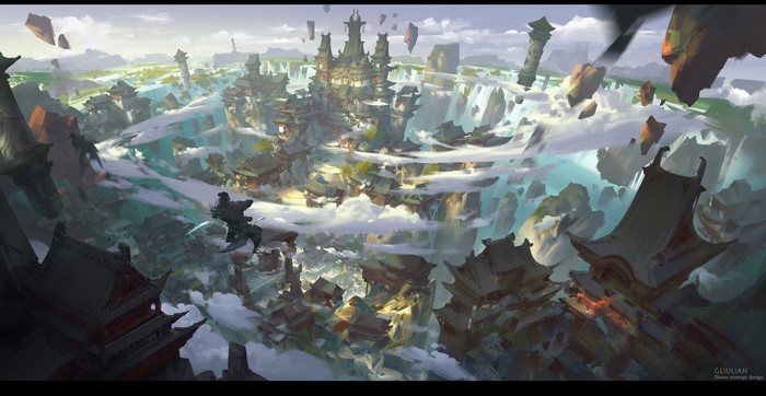 Asian architecture, fantasy art, gliulian, clouds