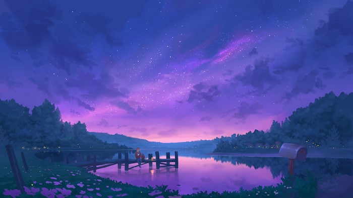 4K Night Lake with Starred Sky and Dock