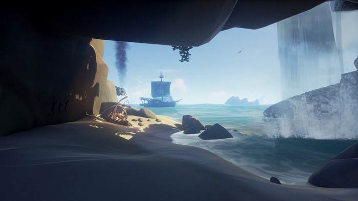 beach, water, calm, cave, waterfall, Sea of Thieves, boat, screen shot, campfire