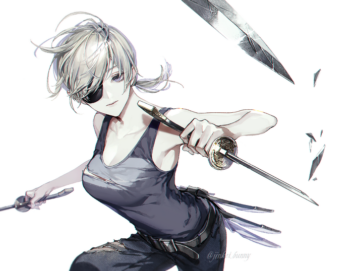 eyepatches, Chainsaw Man, katana, anime girls, anime, JINKEI, simple background, Quanxi (Chainsaw Man)