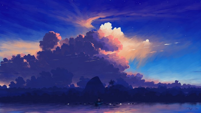 sky, digital painting, BisBiswas, landscape, birds, clouds, lake, boat