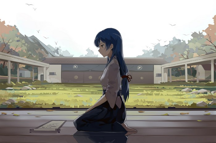 long hair, anime girls, kneeling, Japanese clothes, artwork