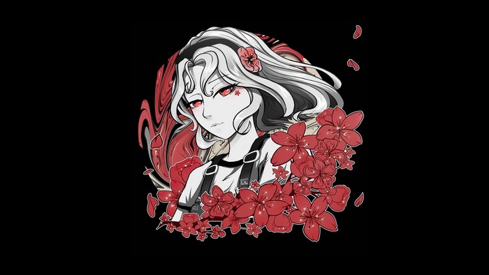 anime girls, red flowers, illustration, black background, artwork, fantasy art, fantasy girl, PanosStamo, red eyes