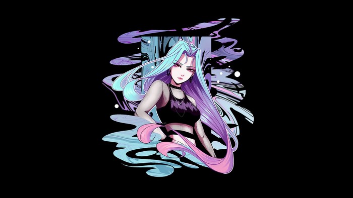 illustration, black background, anime girls, blue hair, PanosStamo, artwork, fantasy girl, fantasy art