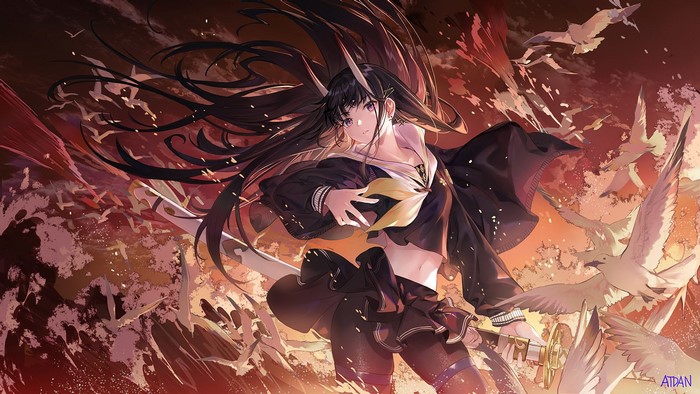 Atdan, Noshiro (Azur Lane), bare midriff, artwork, anime girls, purple eyes, katana, dark hair, school uniform, Azur Lane, horns, birds, oni girl, anime