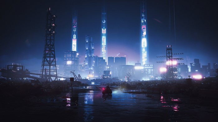 Cyberpunk 2077 Night City Skyline with Digital Lights