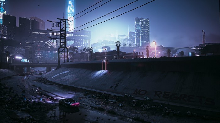 night, road, highway, video games, cyberpunk, skyscraper, digital art, video game art, city, CD Projekt RED, lights, Cyberpunk 2077