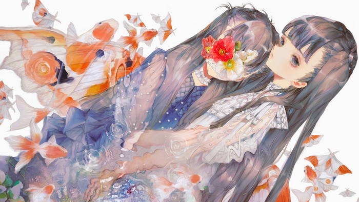 anime girls, flowers, anime, Yogisya, long hair, fish, dress