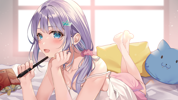4K, lying on front, Kayanosuke, feet in the air, artwork, blush, blue eyes, lying down, purple hair, smile, anime girls
