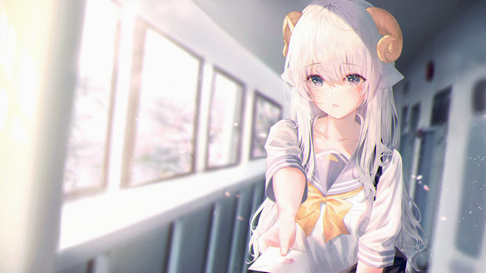 4K, anime girls, horns, artwork, school uniform, white hair, Neiless Neiro