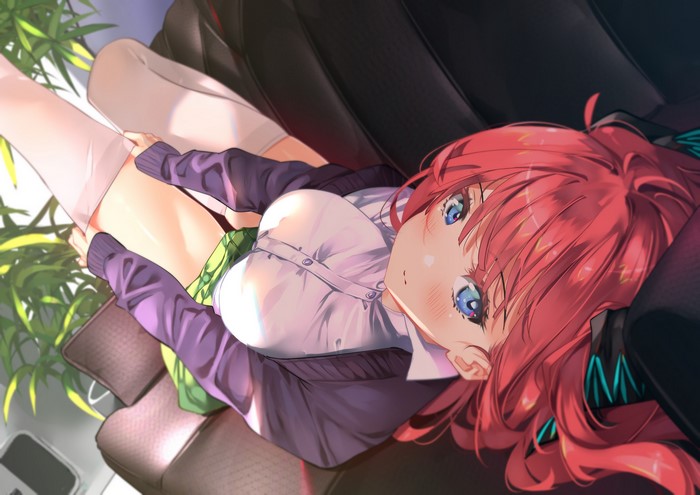 Sydus, Nakano Nino, 5-toubun no Hanayome, anime girls, artwork, legs, thigh-highs, redhead, blue eyes, school uniform, SydusArts