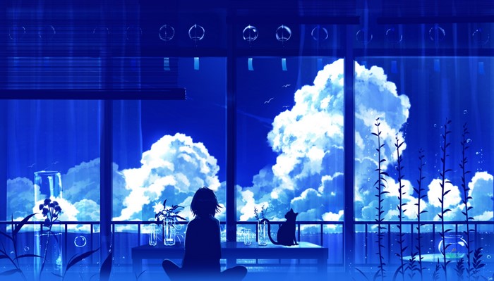4K, anime girls, cats, clouds, sky, interior, JW artist