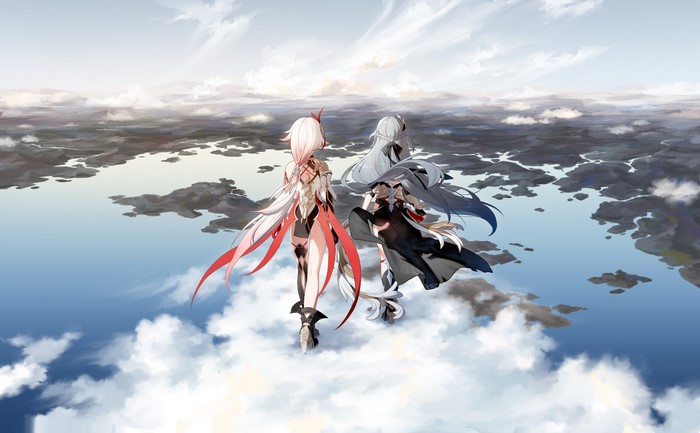 4K, anime girls, Honkai Impact 3rd, game art, Rafa ( artist ), clouds
