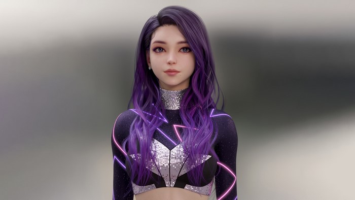 blouse, earrings, neon glow, purple eyes, long hair, purple hair, Shin JeongHo, women, CGI, simple background, glitter, purple clothing