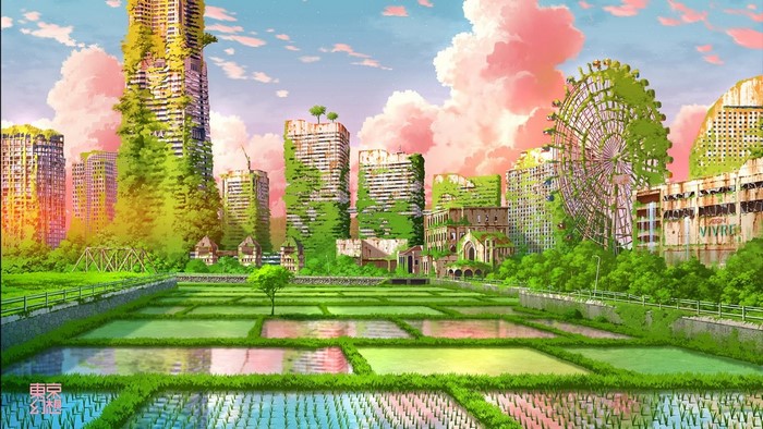 overgrown, rice fields, ferris wheel, rice paddy