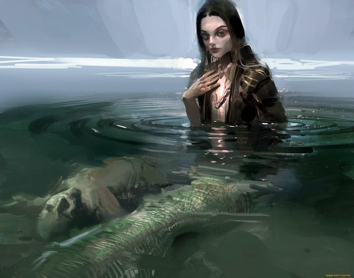 water ripples, in water, fantasy art, dark hair, creature, fantasy girl, looking at viewer, mermaids, corpse