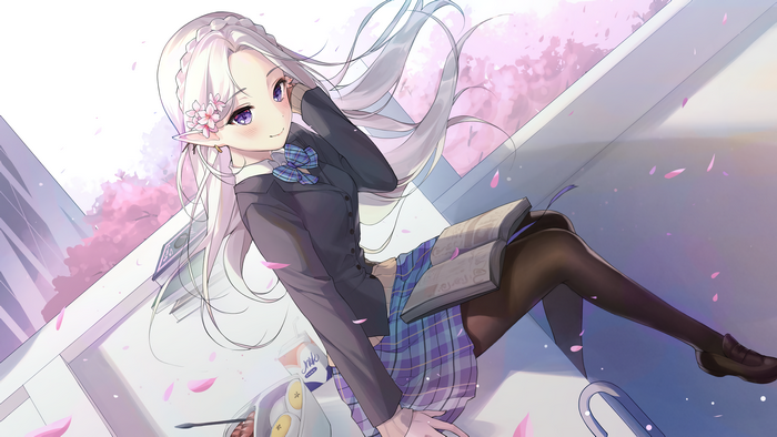 4K, artwork, cherry blossom, Yampaham, smile, school uniform, skirt, anime girls, silver hair, purple eyes, books, elf ears, pantyhose