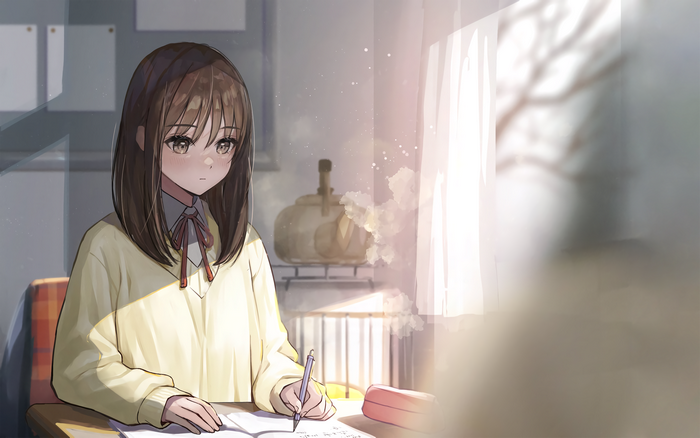 4K, writing, artwork, classroom, anime girls, bangs, brown eyes, brunette, Utakataya