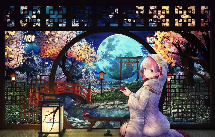 4K, tears, pink eyes, Moon, pink hair