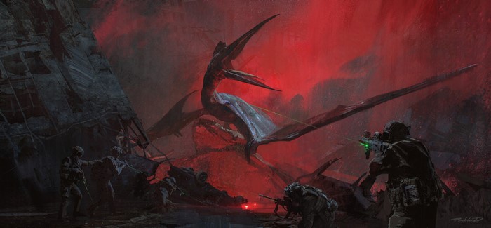 4K, Pterodactyl, laser sight, military, Quetzal, Pteranodon, artwork, dinosaurs, fantasy art