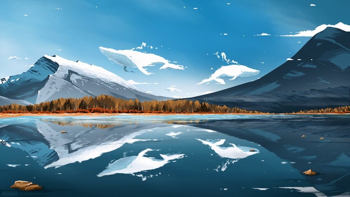 landscape, reflection, clouds, whale, mountains, jh adams, artwork