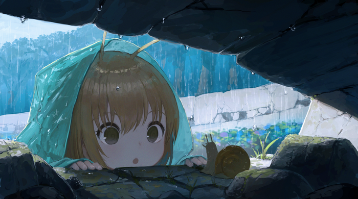 snail, bangs, anime girls, rain