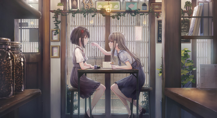 dress, bangs, anime girls, artwork, restaurant, missile228