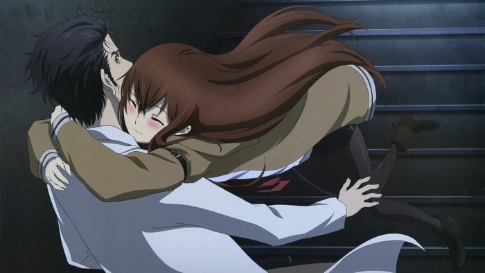 Okabe Rintarou and Makise Kurisu Embrace Scene from Steins;Gate