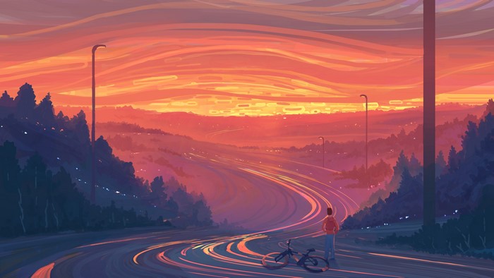 4K, bicycle, artwork, sunset, road