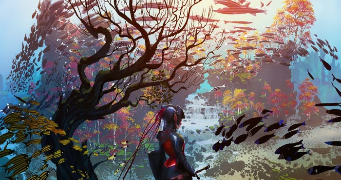 trees, women, fish, artwork, sword