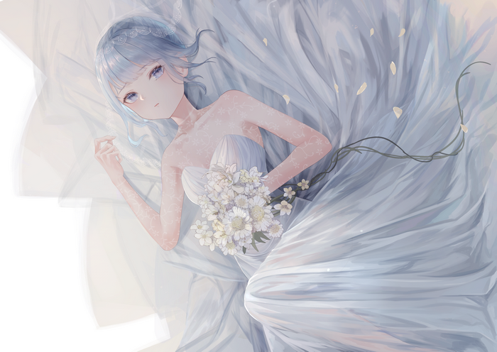nenya oekaki, flowers, anime girls, wedding dress, bangs, blue hair
