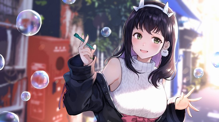 4K, anime girls, Nishizawa, open mouth, anime, bangs, shoulder length hair, green eyes, smile, artwork, bubble, dark hair
