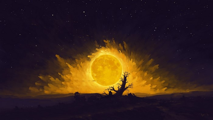 Moon, romantic, couple, BisBiswas, landscape, digital painting, night