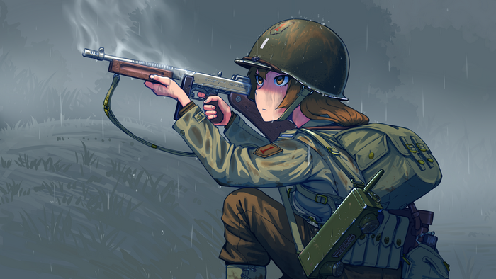 4K Anime Soldier with Thompson M1A1 in Rain