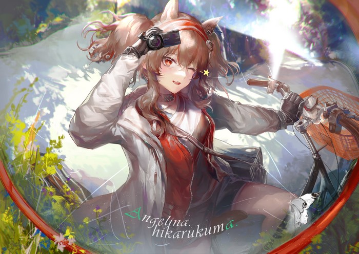 4K, DaylightAllure, women with bicycles, Angelina(Arknights), anime girls, Arknights