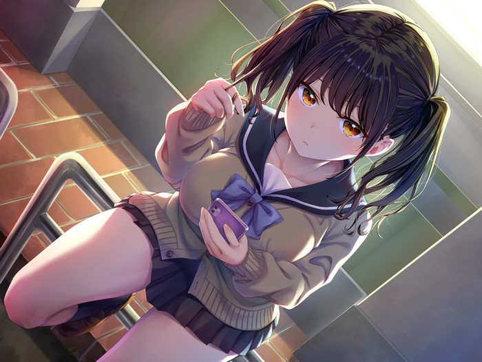 artwork, yellow eyes, dark hair, pigtails, bangs, school uniform, anime girls, skirt, smartphone, OdadadadaTT