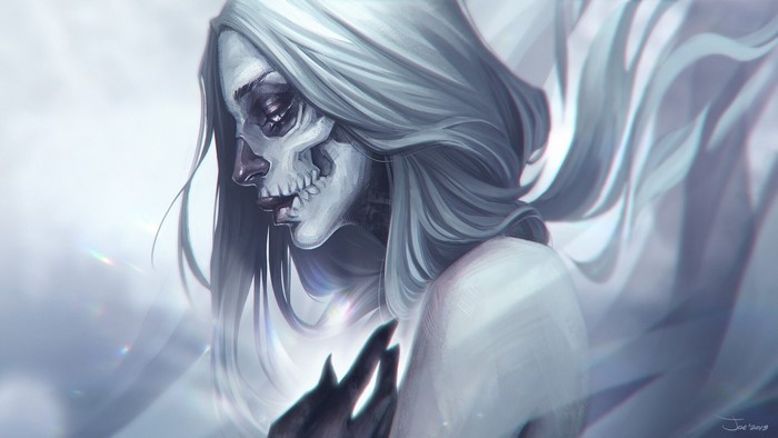 white hair, fantasy art, skull, digital art, artwork