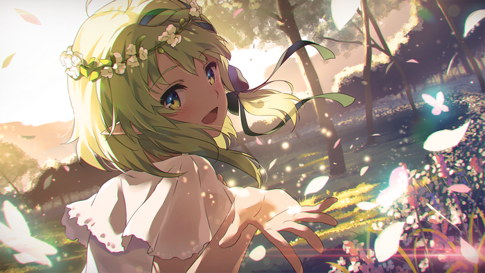 pointy ears, anime girls, petals, artwork, Narumi Nanami, green hair, smile, short hair