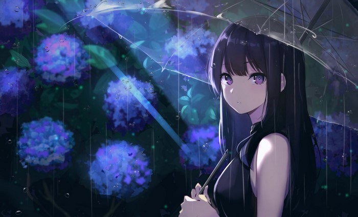 Spider Apple Anime Girl with Purple Eyes in Rain