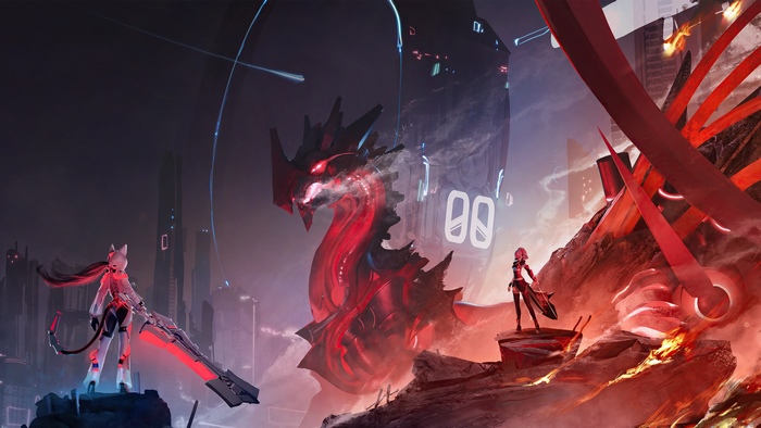 Fantasy Dragon and Woman Warrior in Futuristic City
