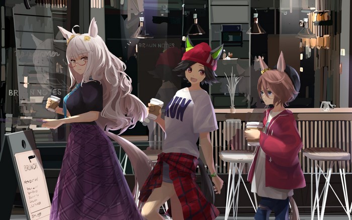 short hair, ahoge, white t-shirt, brown eyes, animal ears, alternate costume, anime, short sleeves, Pixiv, open mouth, white hair, black t-shirt, Yamauchi Shizu, artwork, meganekko, torn jeans, Uma Musume Pretty Derby, Winning Ticket (Uma Musume), anime girls, Biwa Hayahide (Uma Musume), red jackets, purple skirt, casual, long skirt, jean shorts, women trio, horse girls, long hair, coffee cup, thighs, brunette, fan art, 2D, black hair, blue eyes
