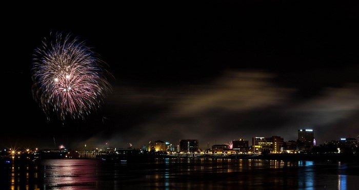 4K, building, night, fireworks, water, sky, city