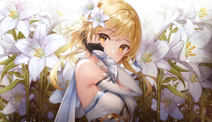 blonde, Lumine (Genshin Impact), Lunacle, anime girls, Genshin Impact, yellow eyes, flowers